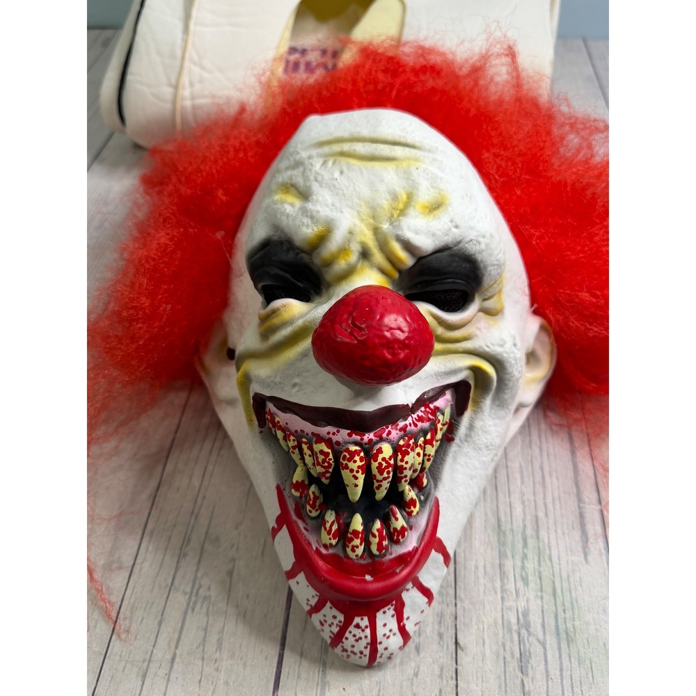 Adult Evil Scary Clown Mask Red Hair Blood Teeth Horror Halloween Costume